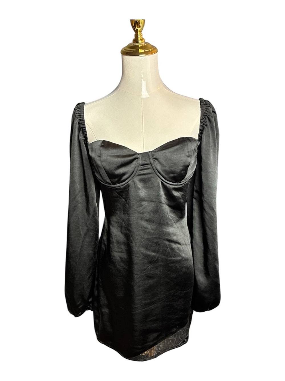 Princess Polly Black Satin Sweetheart Mini Dress with Puff Sleeves Lace Detail